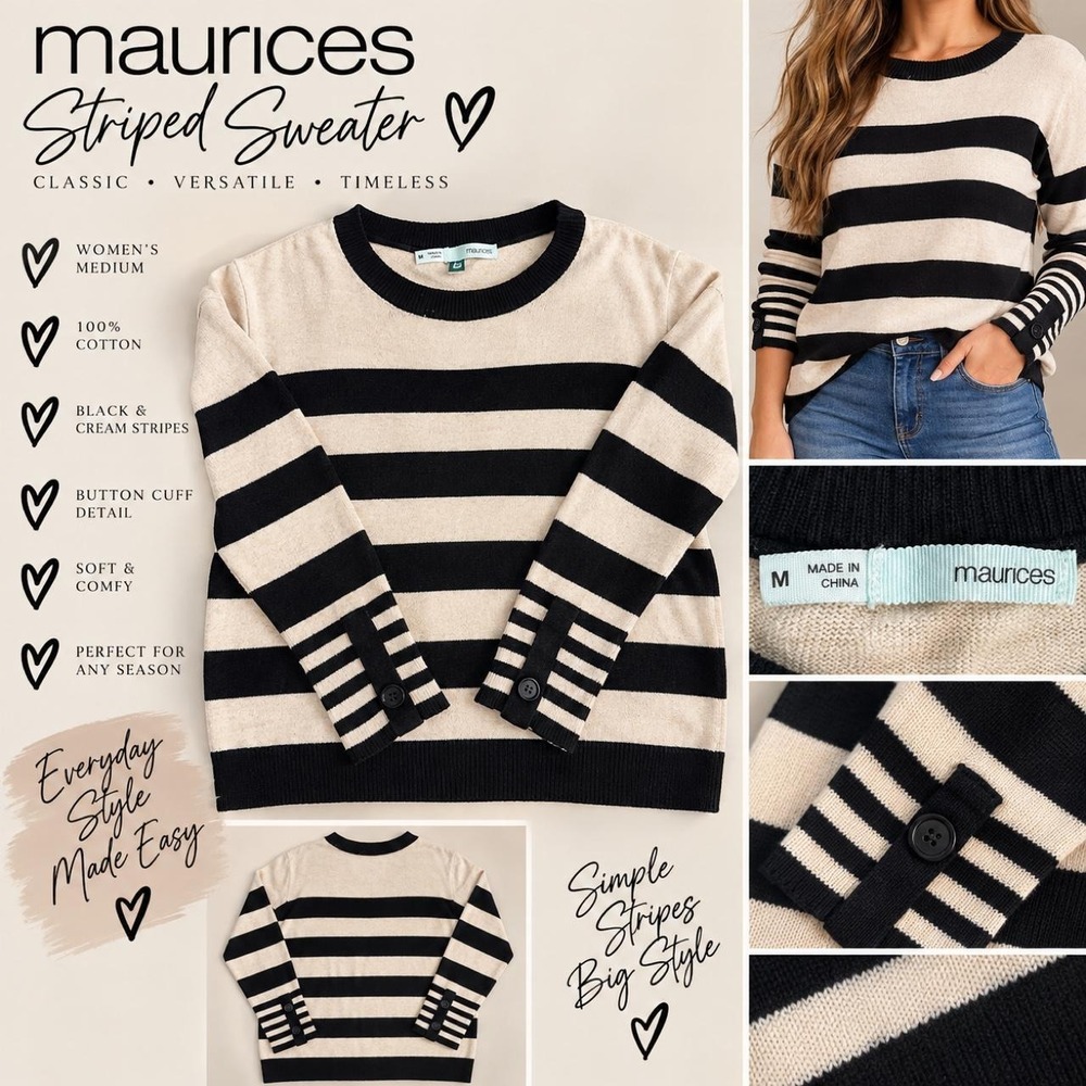 Maurices Black & Cream Striped Cotton Sweater Women's Medium